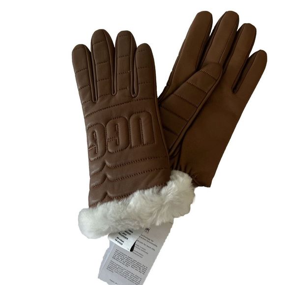 UGG Womens Sz Medium LEATHER CASHMERE QUILTED LOGO TECH GLOVES $145 - Picture 2 of 6